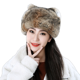冬季保暖潮萌猫耳朵个性帽子青少年护耳真兔皮毛皮草帽子时尚女帽