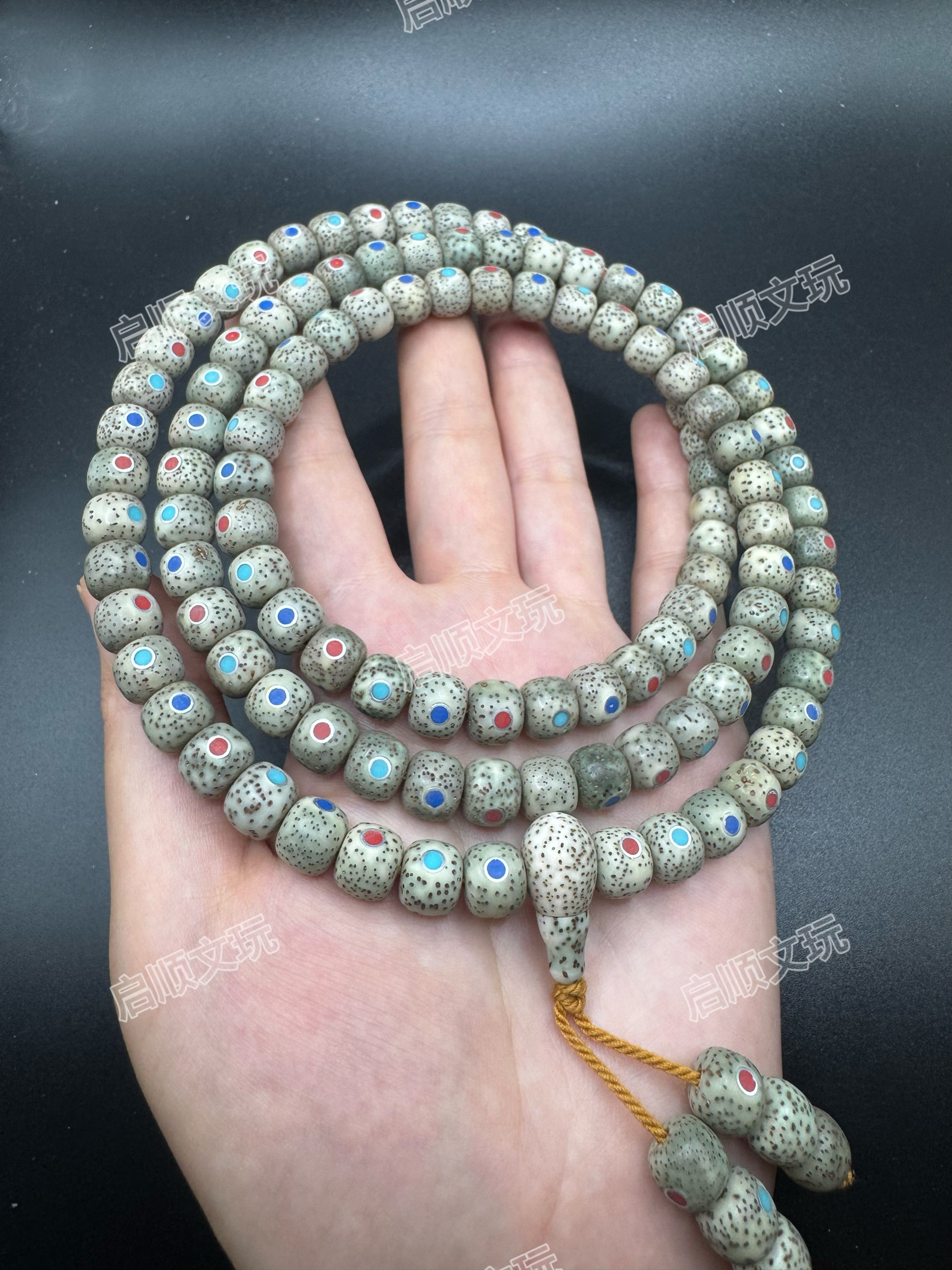 海南原生态星月菩提8X9桶珠石玉料镶嵌手链手串108颗佛珠入门级