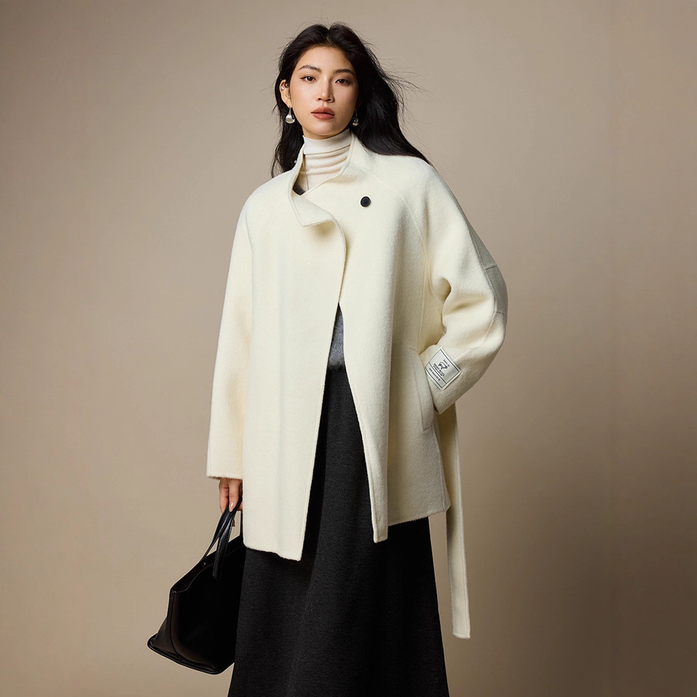 设计感双面呢羊毛大衣女秋冬毛呢外套2025新款女装小个子系带呢子