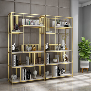 北欧客厅隔断多层铁艺置物架 办公室落地工作室装饰金色书架子
