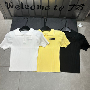 Trendy Bazaar 春秋花边翻领扣子短袖针织小个子短款百搭气质上衣