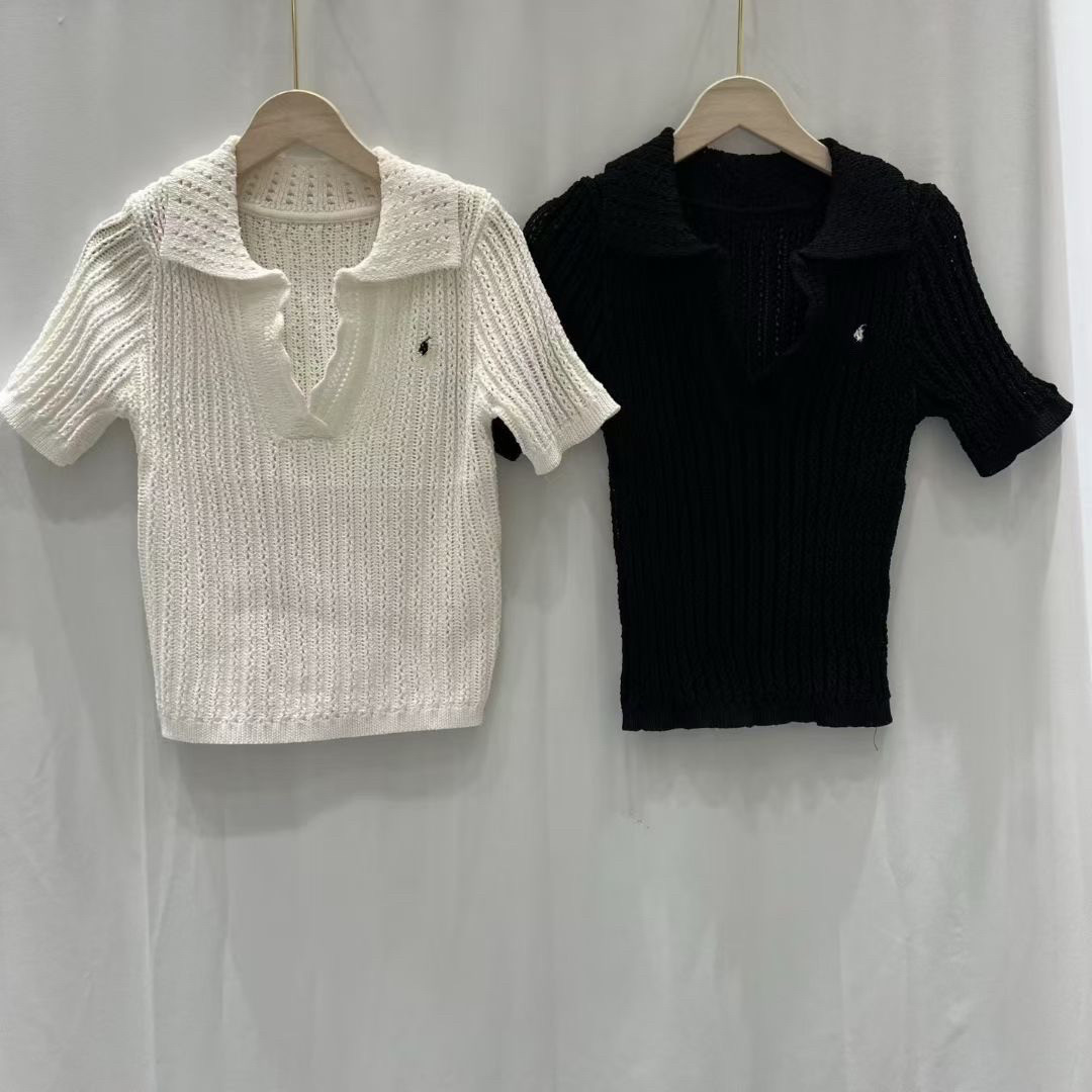 Trendy Bazaar 春韩版时尚百搭polo领麻花针织女短袖镂空气质上衣
