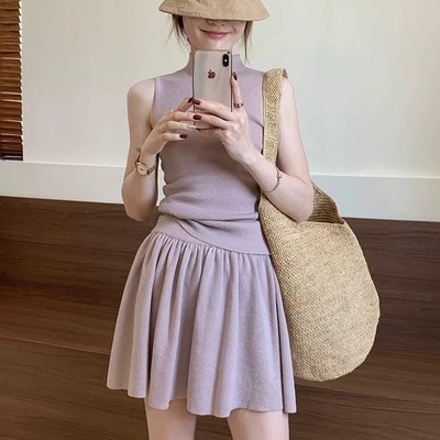 Trendy Bazaar春夏新款时尚无袖针织上衣女高腰百褶裙两件套装潮