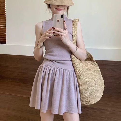 Trendy Bazaar春夏新款时尚无袖针织上衣女高腰百褶裙两件套装潮