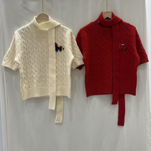 针织衫 秋冬复古麻花纹圆领短袖 女腰带百搭毛衣上衣 Bazaar Trendy