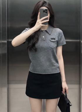 Trendy Bazaar 春夏灰色翻领短袖针织衫女POLO领字母口袋百搭上衣
