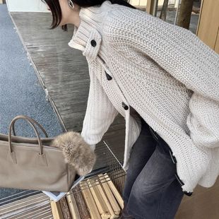 Hoo毛衣ZA冬十三行棒针Hoo粗女开衫 3202复古羊毛牛角扣