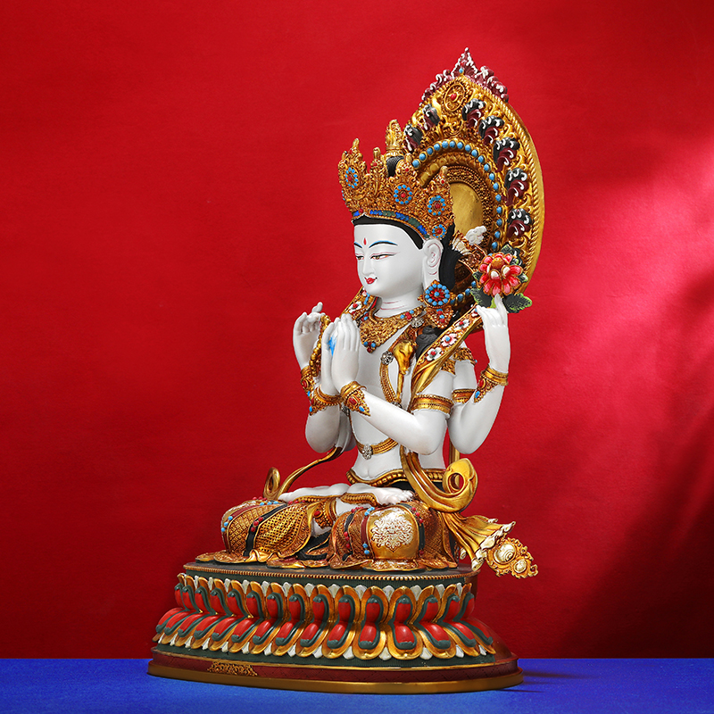 四臂观音菩萨尼泊尔工艺彩绘背光藏式家用铜佛像密宗摆件10寸7寸