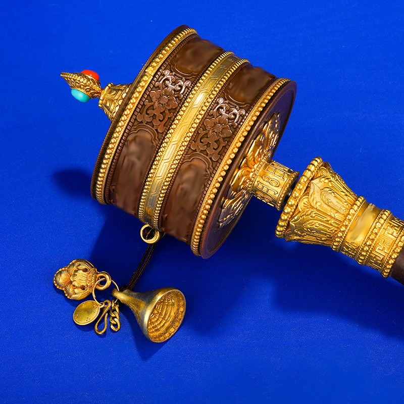 西藏式亚青铜手动转筒用品莲花皮革底座一套随身家用手摇转筒