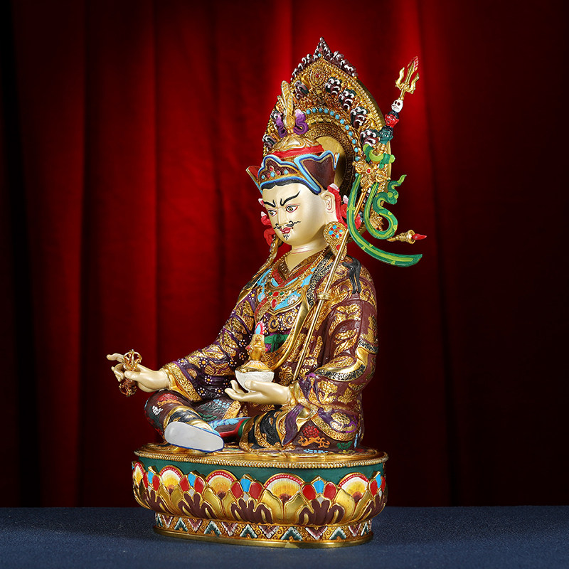 尼泊尔莲花生大士莲师佛像彩绘背光藏式家用铜佛像摆件7寸10寸