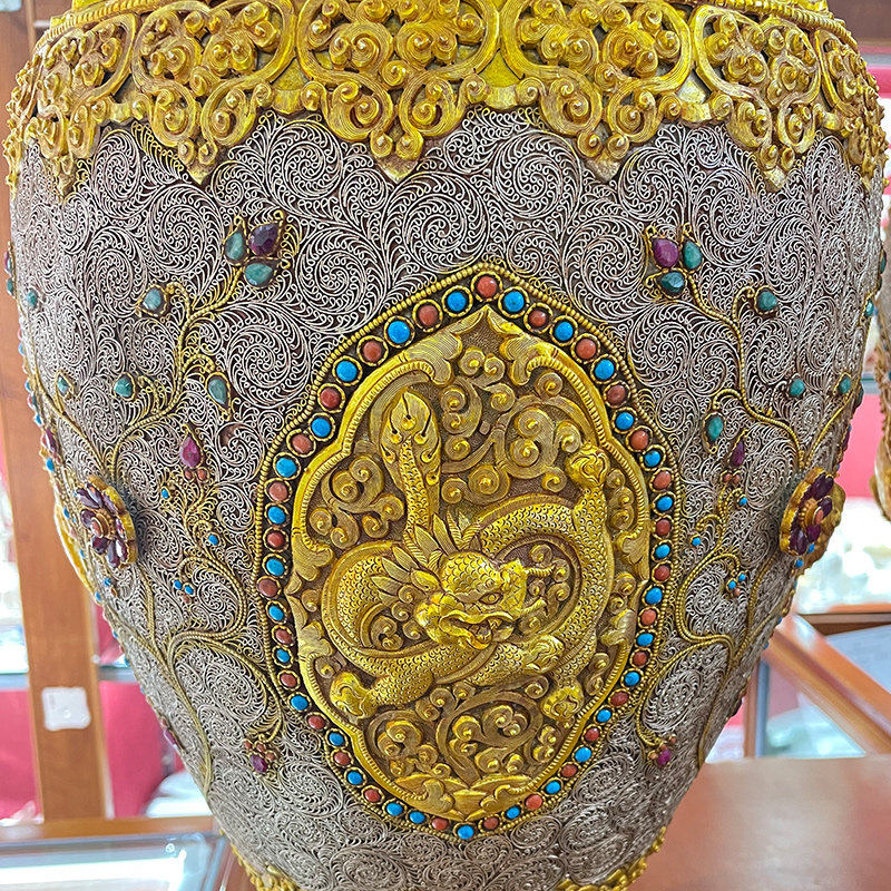 尼泊尔掐丝花瓶铜鎏金鎏银家居饰品摆件大号花瓶60cm单个