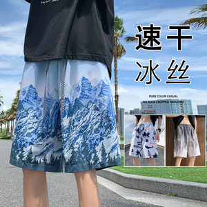K666FP26新款水墨复古做旧冰丝休闲短裤男薄款沙滩大裤衩五分裤图片