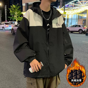 美式工装外套男秋冬季加厚户外拼接撞色夹克痞帅潮牌宽松连帽棉服图片