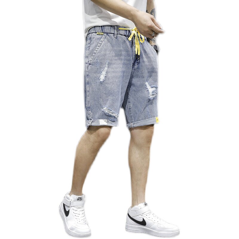 XZ304B-2-KZ821B夏季破洞牛仔中裤五分裤黄标松紧腰系绳薄款,男装牛仔裤,星座304A-1