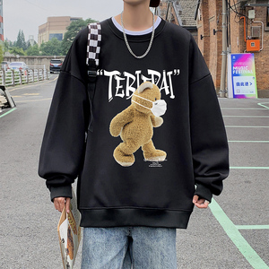 W501P35新款圆领卫衣男宽松无帽外套春秋情侣美式小熊打底衫休闲图片