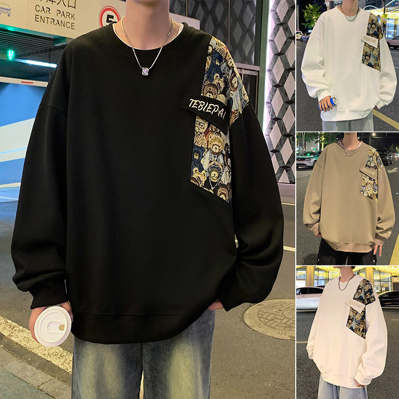 wassuphappy国风小熊刺绣圆领卫衣男春秋季潮牌宽松慵懒休闲外套,男装卫衣,星座304A