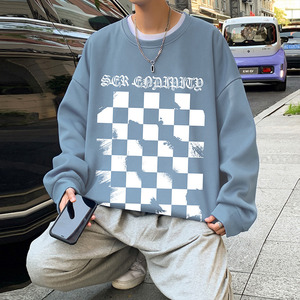 W372P35加绒45新款棋盘格卫衣男长袖t恤无帽打底衫宽松上衣图片