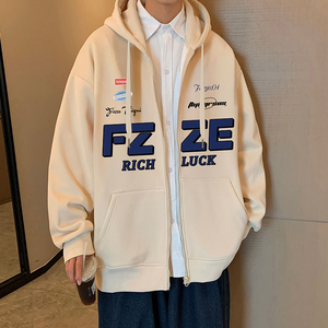 H182加绒FP75新款美式字母印花连帽加绒卫衣男加厚夹克外套,高档貂绒外套搭配图图片