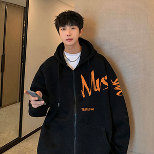 H181F新款加绒加厚卫衣外套男宽松涂鸦印花休闲上衣拉链开衫图片