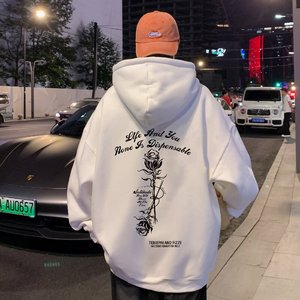 M021FP60新款含棉量100%宽松外套玫瑰字母连帽卫衣男情侣装休闲,白色搭配颜色图片