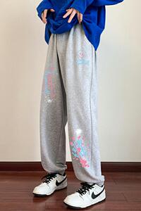 K856P45加绒55潮流涂鸦印花薄款春秋季卫裤男潮牌宽松运图片