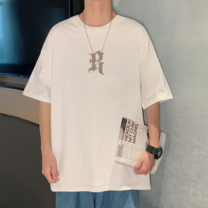 初中生短袖t恤男款夏季美式潮牌宽松大码落肩印花纯棉五分袖体恤
