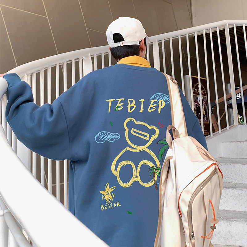 W505P35新款圆领无帽卫衣男宽松长袖卡通小熊休闲外套，男装卫衣，星座304A