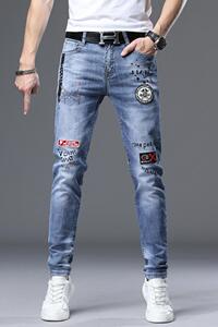 欧货精品韩版小脚裤印花烫钻贴标蓝色牛仔裤高端9802CP118图片