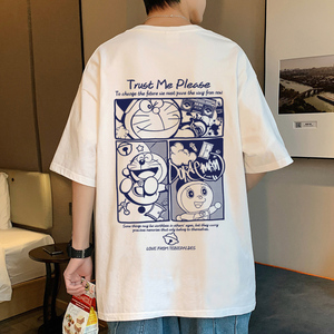 T671FP26新款机器猫纯棉短袖T恤男夏季港风情侣装宽松休闲T恤图片