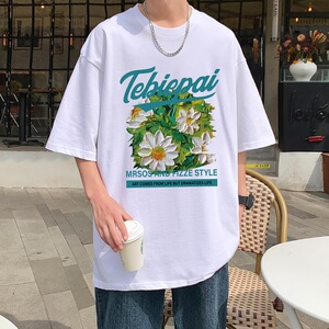 T700FP26新款短袖t恤男薄款纯棉体恤港风宽松半袖印花打底衫图片