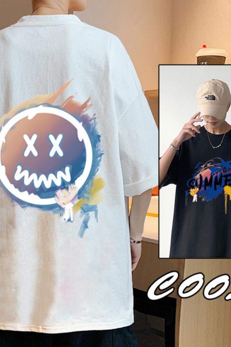 XZ304A-1-T525CP25潮短袖t恤男纯棉笑脸反光印花情侣小众,男装T恤,星座304A