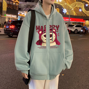 H196FP70新品60%含棉量草莓熊拉链开衫卫衣男双层复合面料透气有图片