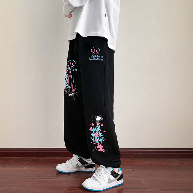 K856P45加绒55新款运动卫裤男工装长裤印花宽松休闲裤图片