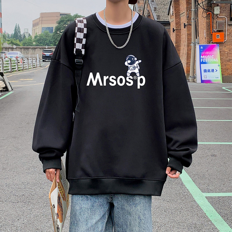 W369P35加绒45新款无帽卫衣男美式套头内搭打底衣服圆领外套t图片