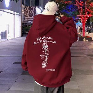 M021FP60新款含棉量100%宽松外套玫瑰字母连帽卫衣男情侣装休闲图片