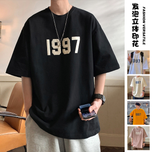 T658FP32新款发泡印花纯棉短袖t恤男半袖潮流内搭港风打底衫休闲图片