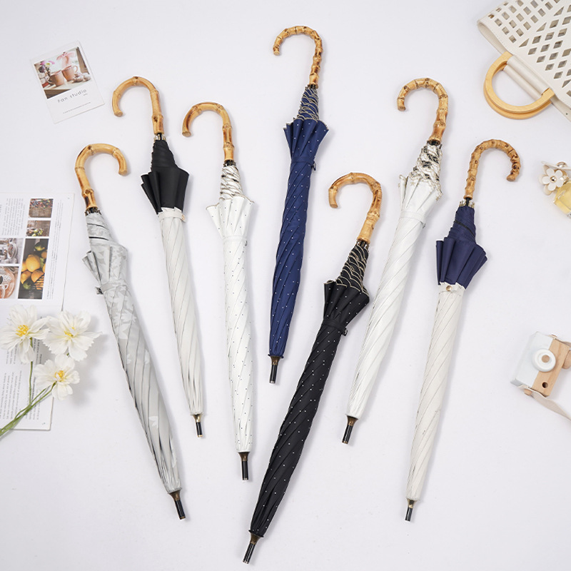 轻奢绣花真竹日式长柄伞黑胶防晒防紫外线遮阳伞晴雨两用太阳伞