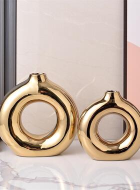 轻奢金银色电镀陶瓷花瓶花器家居工艺品艺术品摆件初月软装摆设