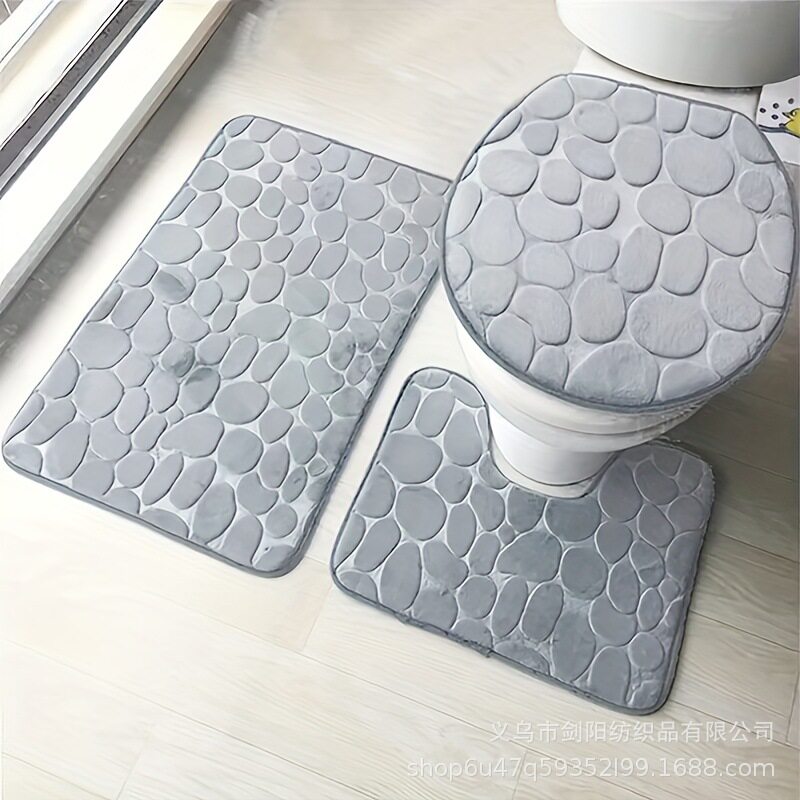 出口跨境马桶三件套珊瑚绒鹅卵石浴室地垫浴室门口吸水脚垫防滑垫