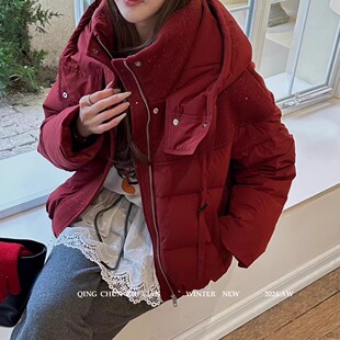 特价91927连帽亮晶晶毛呢拼接羽绒服短款洋气白鸭绒面包服女装冬