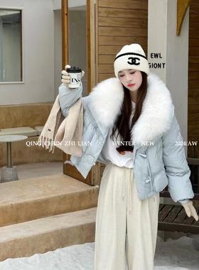 特价91583轻奢狐狸毛领短款羽绒服牛角扣时尚白鸭绒加厚外套女冬