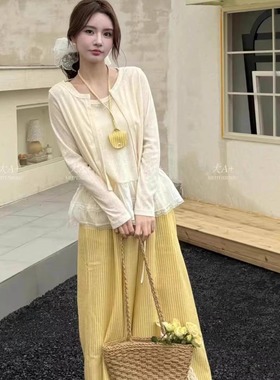 特价88032针织开衫短外套吊带网纱蕾丝休闲阔腿裤三件套女装春季