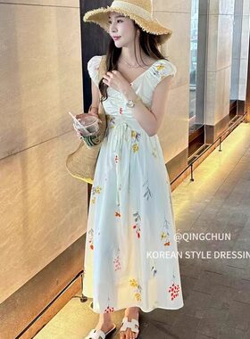 特价8591花色连衣裙泡泡短袖高腰抽绳褶皱长裙文艺气质女装夏新款
