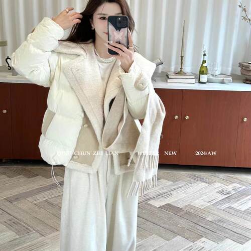 特价91701羊羔毛皮毛一体拼接翻领羽绒服冬季白鸭绒外套女装2024