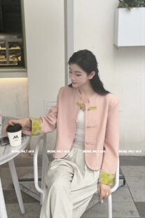 中式 小外套女春新款 气质小众外搭 米色6818拼色盘扣国风西装 特价