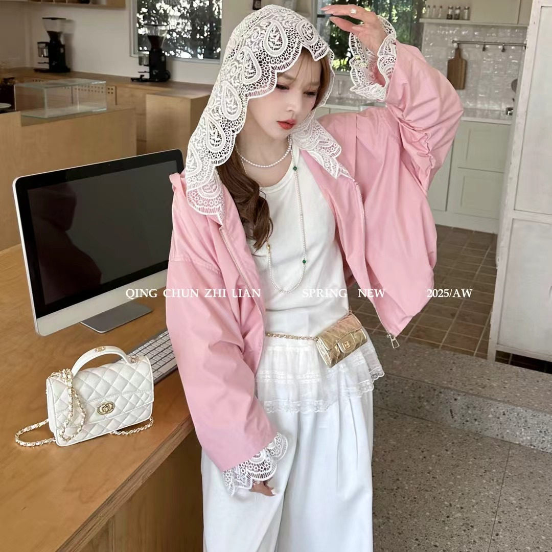 特价8169连帽蕾丝拼接内衬防晒衣糖果色洋气百搭短款薄外套女春潮