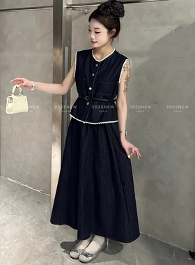 特价11808蕾丝拼接牛仔马甲背心系腰带长裙半身裙两件套女装春夏