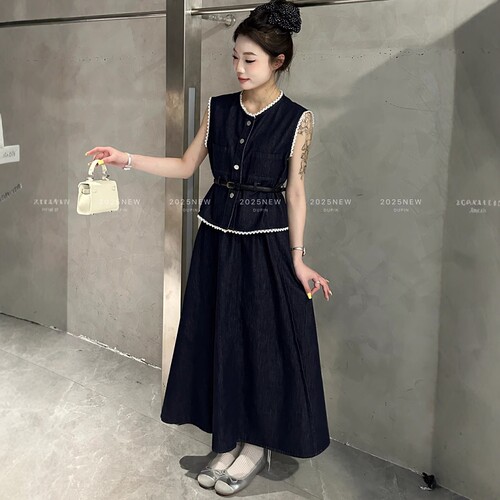 特价11808蕾丝拼接牛仔马甲背心系腰带长裙半身裙两件套女装春夏