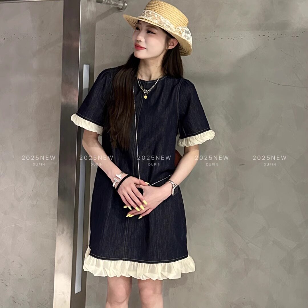 特价独品36366短袖牛仔连衣裙网纱花边拼接短裙时尚甜酷女装夏季