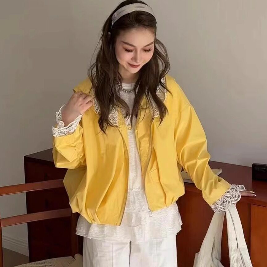 特价9101蕾丝拼接连帽风衣短外套宽松休闲棒球服时尚女装春2025潮